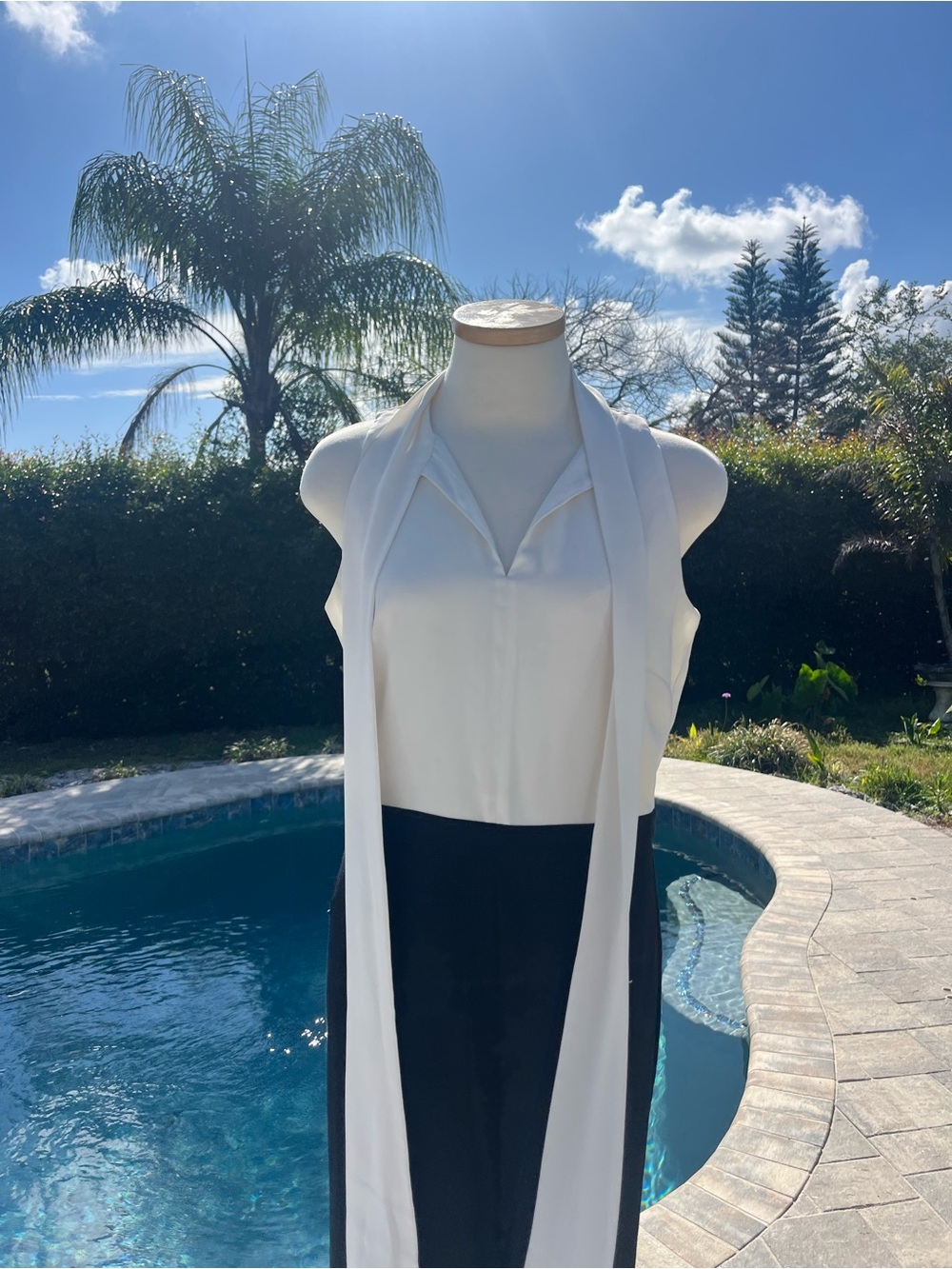 Ann Taylor Black and White Sleeveless Tie-Neck Jumpsuit - Picture 2 of 9